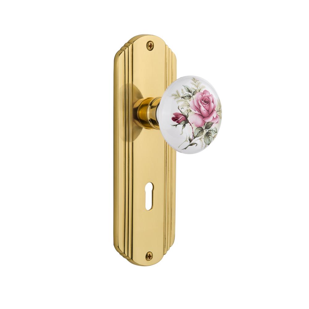 Nostalgic Warehouse DECROS Double Dummy Deco Plate with Rose Porcelain Knob with Keyhole in Polished Brass
